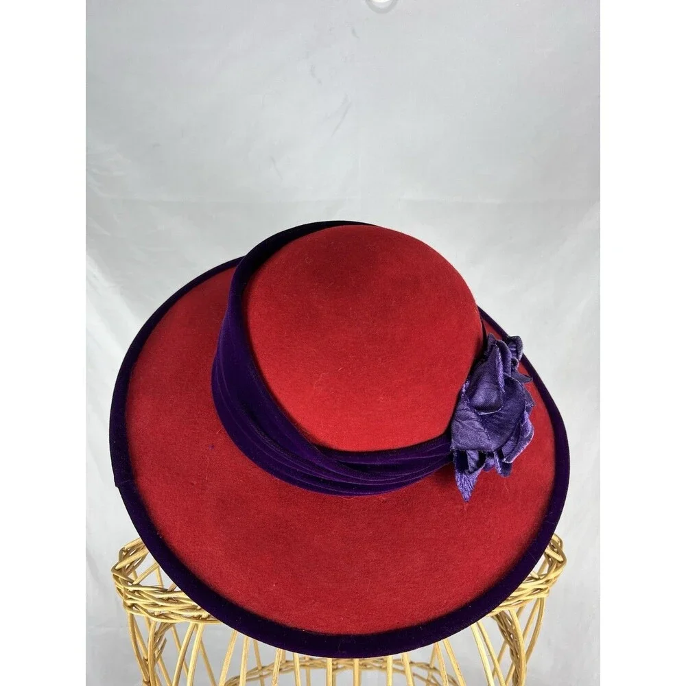 Scala Vintage Red Wool Wide Brim Hat Purple Trim Flower Church Derby Tea